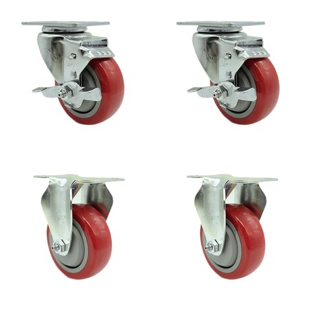 Service Caster 3.5 Inch Red Polyurethane Swivel Top Plate Caster Set with 2 Brake 2 Rigid SCC SCC-20S3514-PPUB-RED-TLB-2-R3514-2